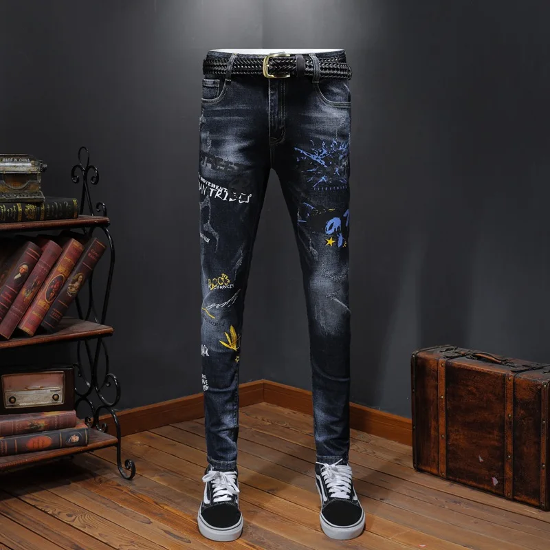 

Denim Jeans men's Japanese retro spring autumn non-mainstream splicing locomotive personality long pants nightclub pencil pants