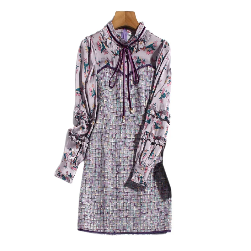 

Женское мини-платье, демисезонное платье из твида с цветочным принтом, с длинными рукавами и бантом