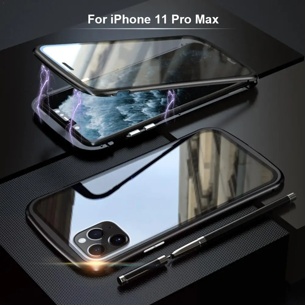 Магнитный адсорбционный Чехол для мобильного телефона IPhone 11 Pro Max металлическая рамка двойное закаленное стекло покрытие магнитное притяжение