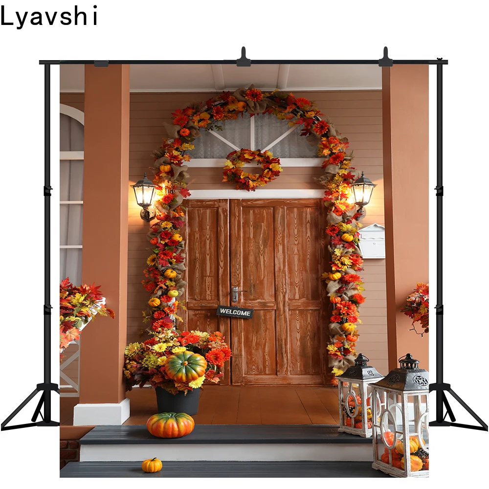 

Lyavshi День благодарения Фон фотографии осень в виде кленового листа Тыква деревянная дверь венок фотобудка для фотосессии фон для студийной ...
