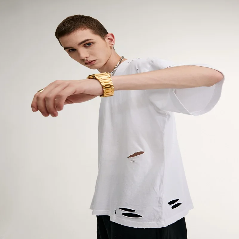 

Summer new street fashion brand ins personality high street broken shoulders loose solid color T-shirt short sleeves