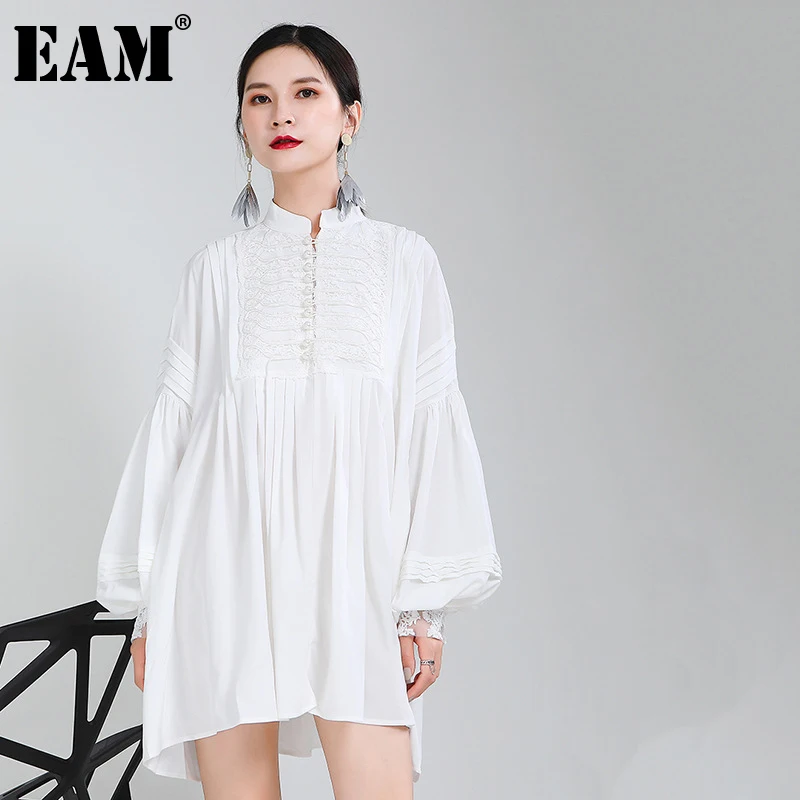 Женское плиссированное платье EAM белое свободное большого размера с