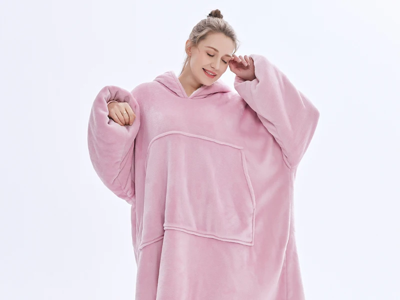 

Winter Outdoor Hooded Pocket Blankets Warm Soft Hoodie Slant Robe Bathrobe Sweatshirt Pullover Tv Fleece Blanket With Sleeves