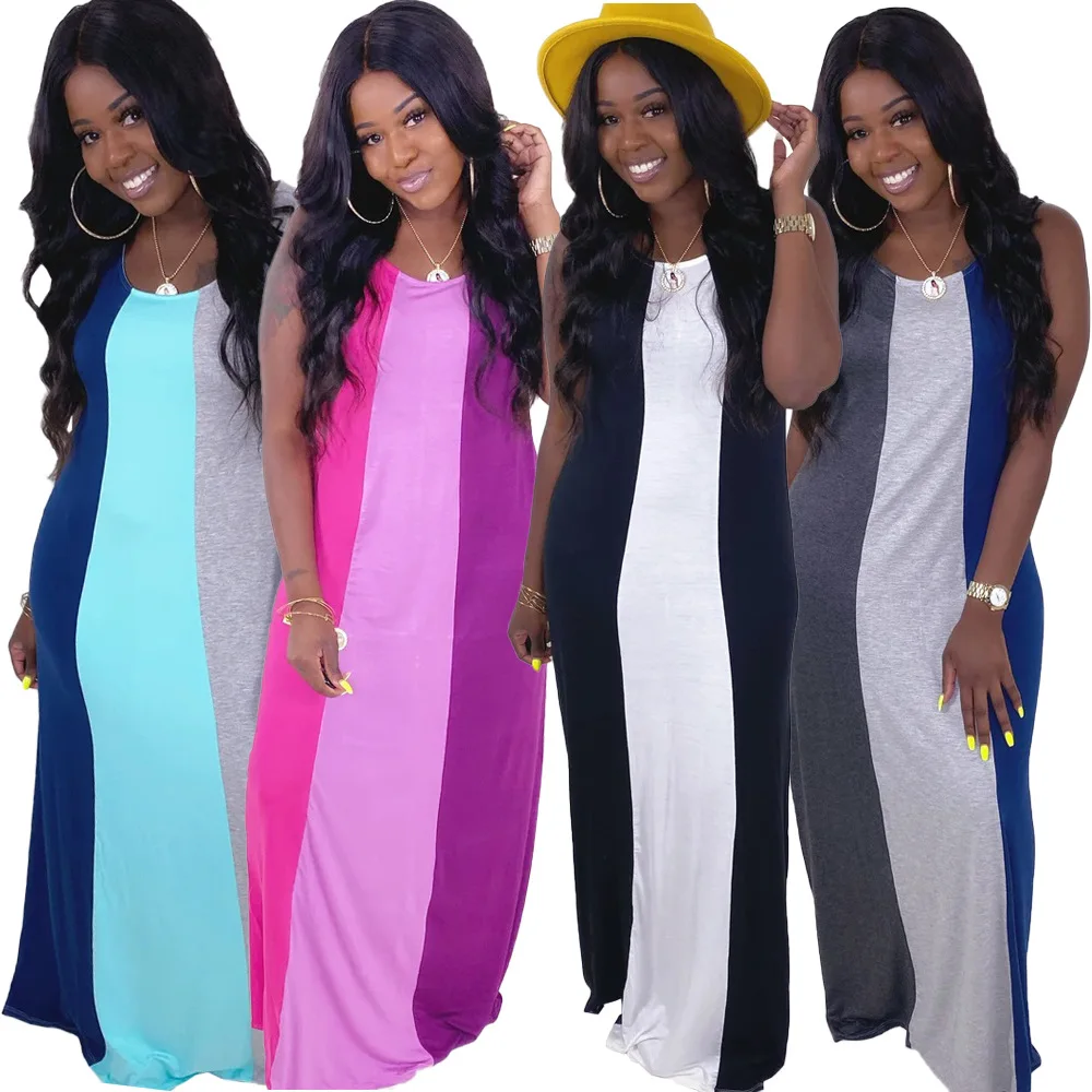 Женское контрастное платье без рукавов Повседневная Свободная длинная юбка в