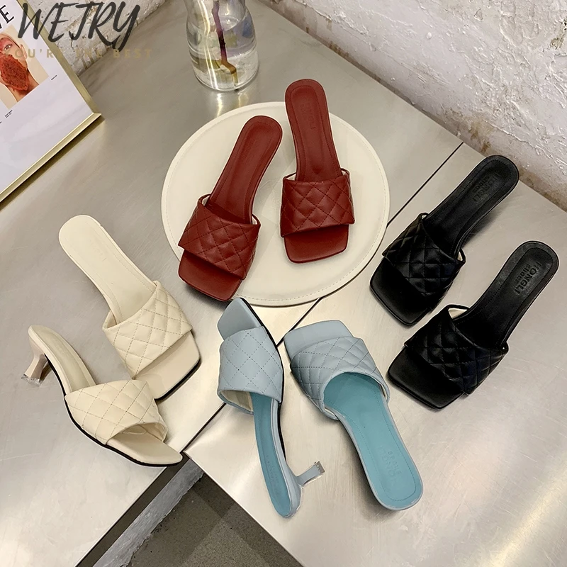 

NEW Sexy PU diamond Square head Peep Toe High Heel Slippers Summer Fashion Slip On Thin Heels Slides Women Mules Party