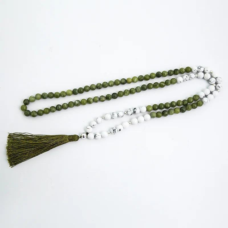 

8mm Natural Southern Jade Howlite Beaded Japa Mala Necklace 108 Rosary Meditation Yoga Blessing Tibetan Tassel Pendant Jewelry