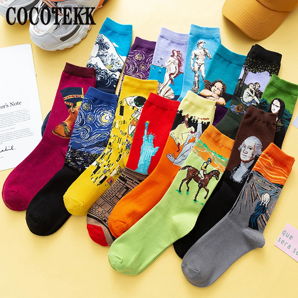 

Women's Socks Fashion Retro Van Gogh Mural Mona Lisa World Famous Oil Painting Socks Casual Dress Funny Crew Combed Cotton Socks