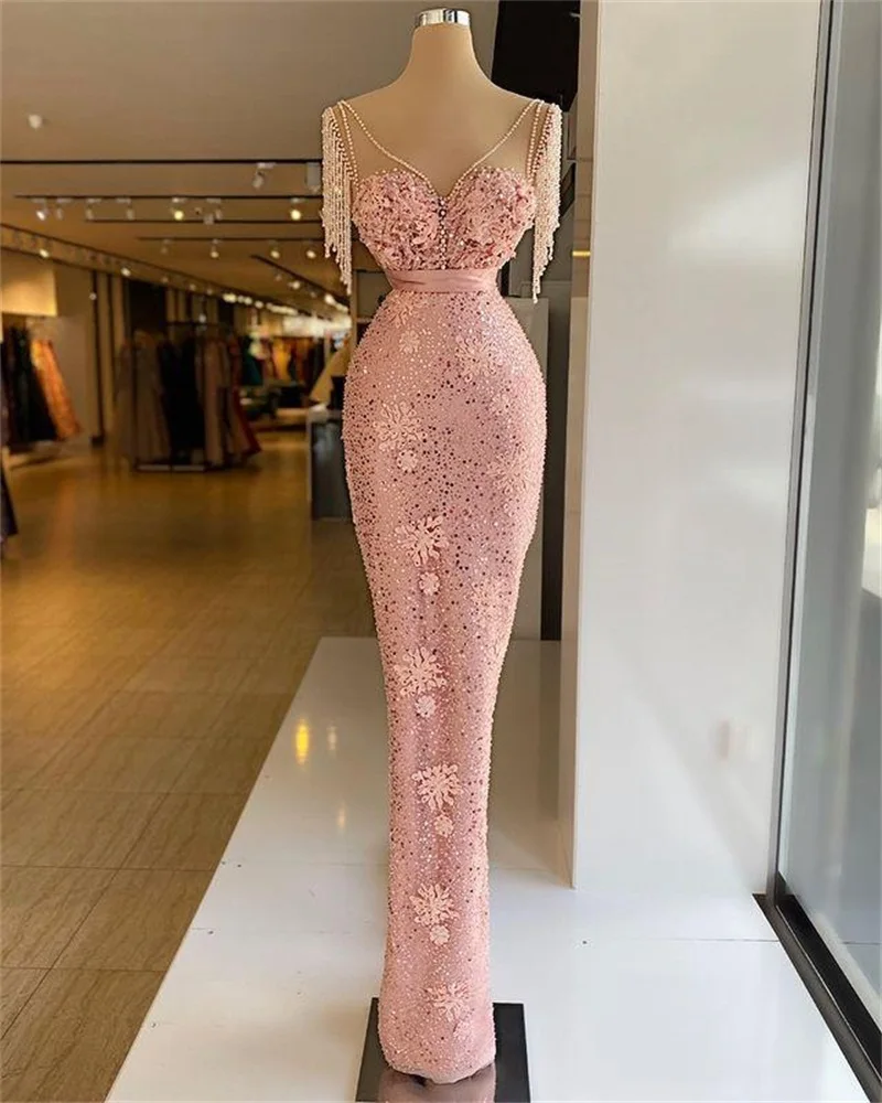 

Pink Celebrity Dresses Mermaid V-Neck Sequin Pearls Tassel Famous Long Formal Red Carpet Dresses