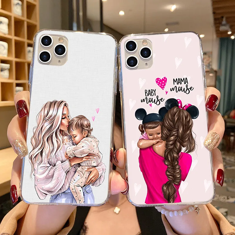 Black Brown Hair Baby Mom Girl Son Phone Cover for IPhone 11 12 Pro Max X XS XR 7 6S 8 Plus 5S SE2 12mini Soft Clear Case Funda