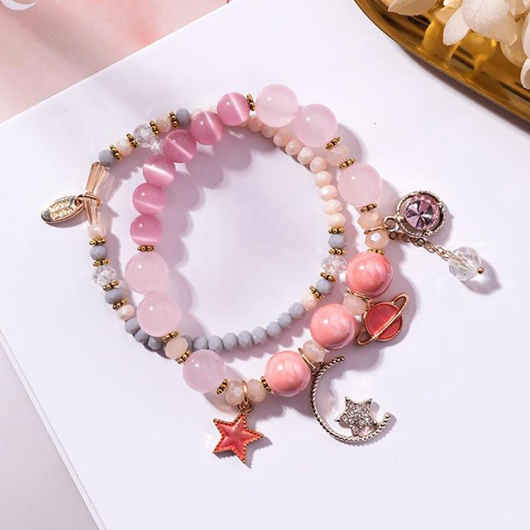 Женский браслет с натуральным опалом синий розовый кристаллами в виде кошачий