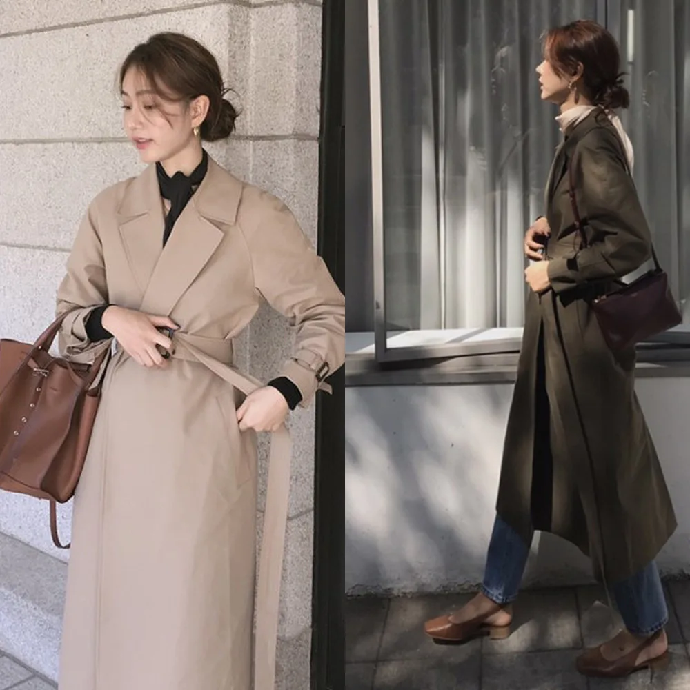

2020 Autumn Winter Simple Women Cardigan Trench Coat Belt Size Female Loose Long Khaki Windbreaker Outerwear QB573