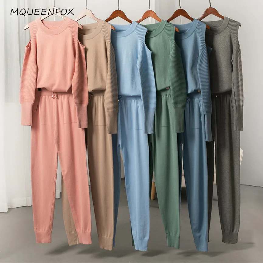 Зимний спортивный костюм женский 2 шт брючный с длинным рукавом вязаный свитер +