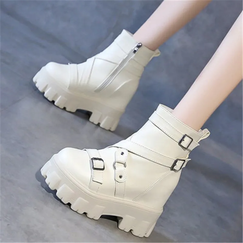

New Leather Chunky Platform Ankle Boots for Women Height Increasing Metal Buckle Black Short Boots Woman Autumn Winter Punk Boot