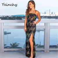 yeinchy women sexy bra straps sleeveless colorful sequin dress split maxi party dress fm6023