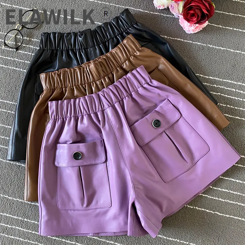 

2021 Autumn Women's High Quality sheepskin Real leather pockets short pants casual women high-rise leather wide-leg pants C160