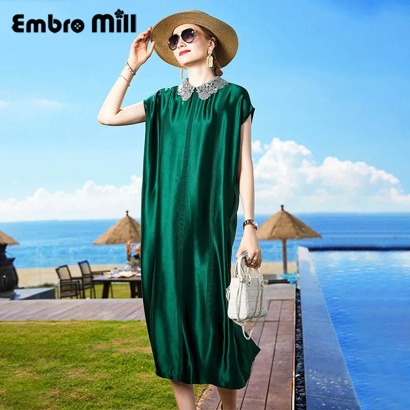 

Платье женское шелковое с отложным воротником, свободное ТРАПЕЦИЕВИДНОЕ, с коротким рукавом, карманом и поясом, в уличном стиле, лето