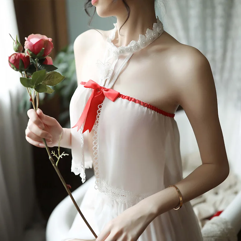 

Female sexy lingerie sexy lace nightdress hanging necksplit perspective nightdress two-piece women sexy chiffon Sleepwear Set