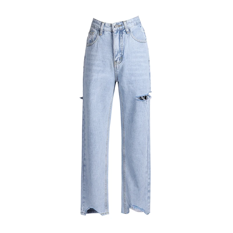 

Women's Jeans Mid Waist Ripped Light Blue Straight Leg Pants Inregularly Raw Hem Ankle Trousers