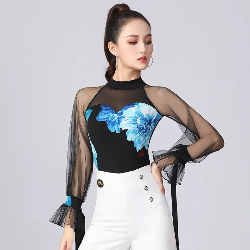

National Standard Dance Top Ladies High Collar New Mesh Sleeves Tops Professional Latin Dance Dance Performance Costume