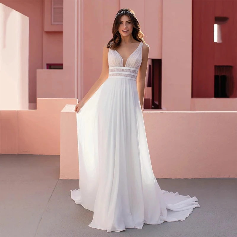 ChuYu 2021 Modest V-neck Chiffon Long A-line Wedding Dress Formal Occasion Sample Illusion Appliques Elegant  Vestido De Novia