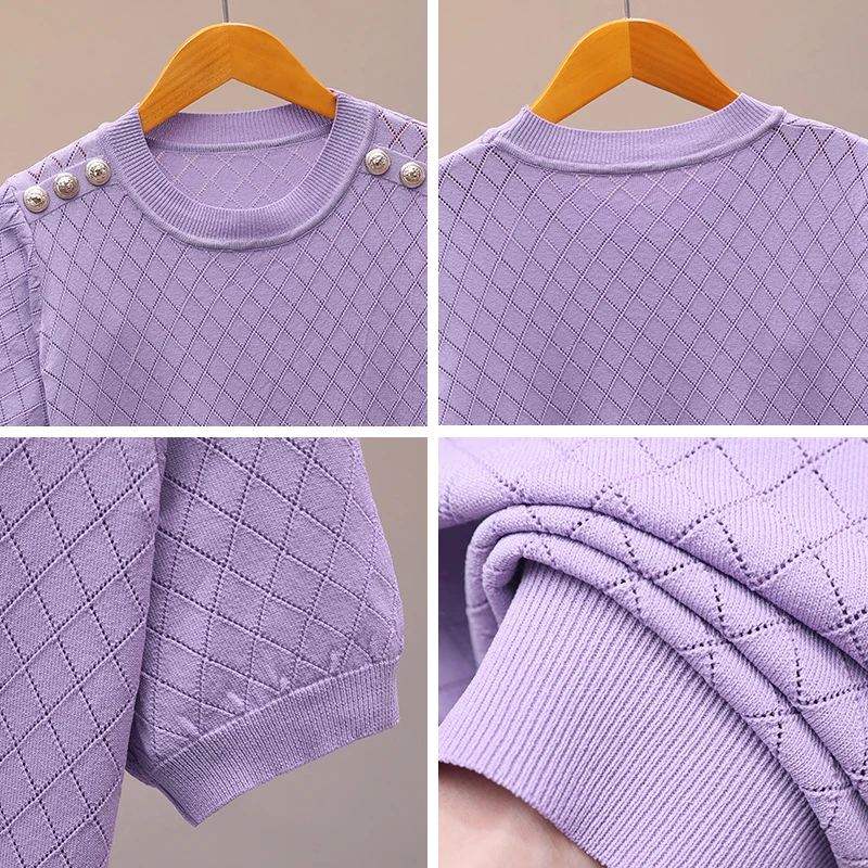 

Luxury Brand Designer Knitted Pullovers for Women O Neck Hollow Out Ice Silk Lion Button Solid Knitted Top