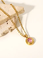 waterproof 18k gold plated stainless steel jewelry pink cubic zirconia figaro chain oval pendant necklace for women
