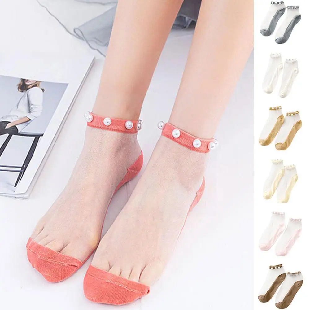 

Nieuwe Summer Thin Transparent Glass Pearl Socks Women's Crystal Socks Boat Lace Yarn Cotton Socks Net Spring Stockings Sil Z8b7