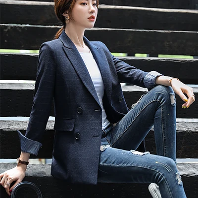 Dark Blue Blazer Для женщин однобортный однотонный Блейзер Женский пальто трех до двенадцати лет Модные Пиджаки Верхняя одежда высокого качества, куртки, 5XL - Цвет: Dark Blue Blazer