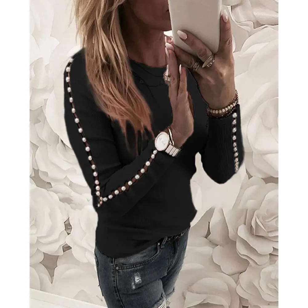 Осенняя женская футболка с длинным рукавом и жемчугом однотонная розовая серая