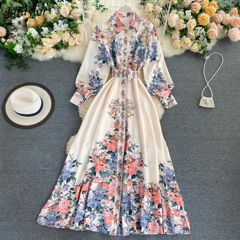 

2021 New Autumn Floral Print Dresses Women Turn Down Collar with Belt Single Breasted High Waist A Line Slim Dress