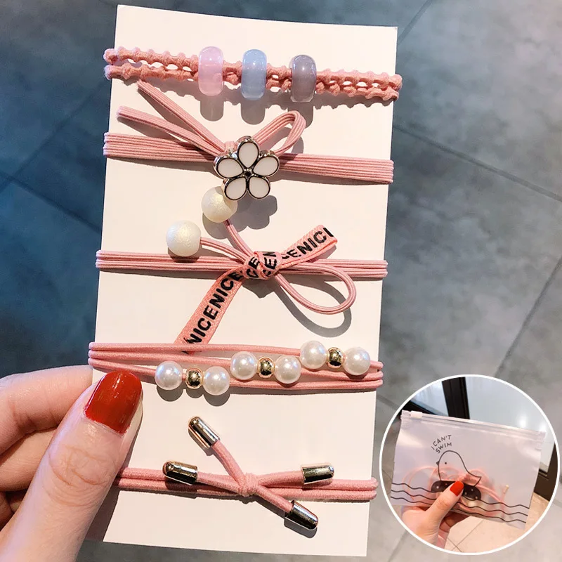 

5/8PCS/Set New Women Girls Elegant Flower Pearls Bow Elastic Hair Bands Sweet Scrunchie Headband Rubber Bands Hair Accessories