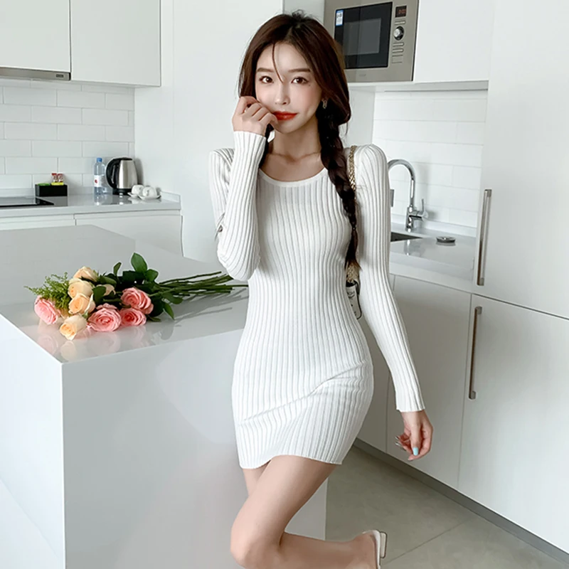 

Knit Dress Women Autumn Winter 2021 O-Neck Slim Sexy Bottoming Korean Fashion White Mini Dresses New Arrivals