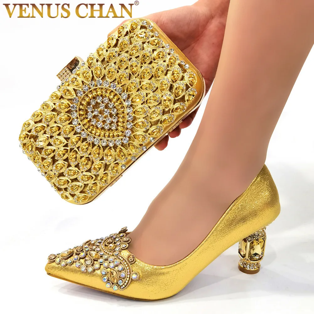 

VENUS CHAN 2022 Latest Italian Design Ladies Sexy Stiletto Heels Catwalk Shoes With Embroidered Rhinestones Shoes and Bag Set