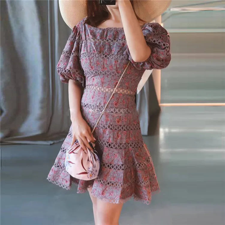 

New White Bubble Sleeve Dress Female Early Spring Vacation Cotton Point Embroidery Lace Hollow Dress G0114