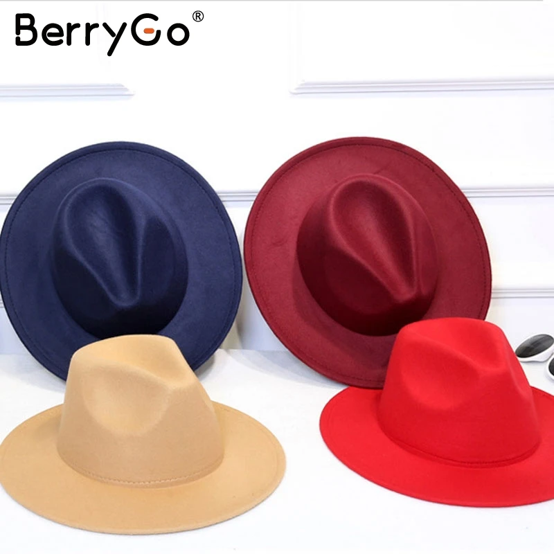 Женская шерстяная шляпа с широкими полями BerryGo Fedora элегантная осенне зимняя