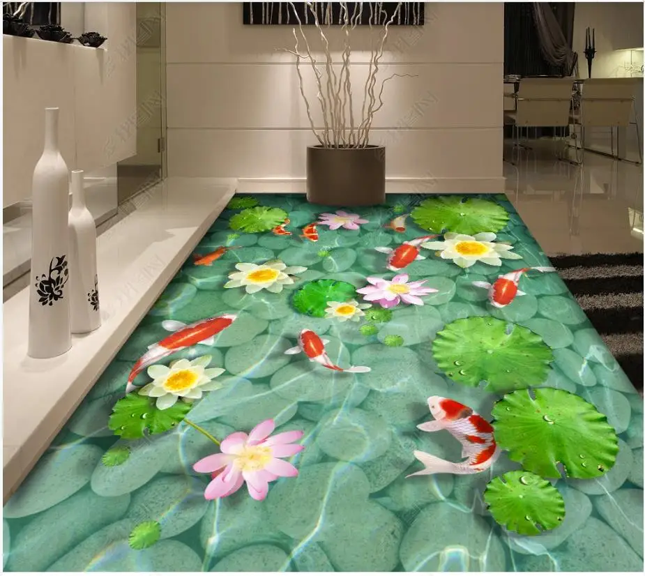 

Custom Picture Self-adhesive 3d Flooring wallpapers Wall Sticker 3D pond landscape pebble fish lotus floor mural painting wall