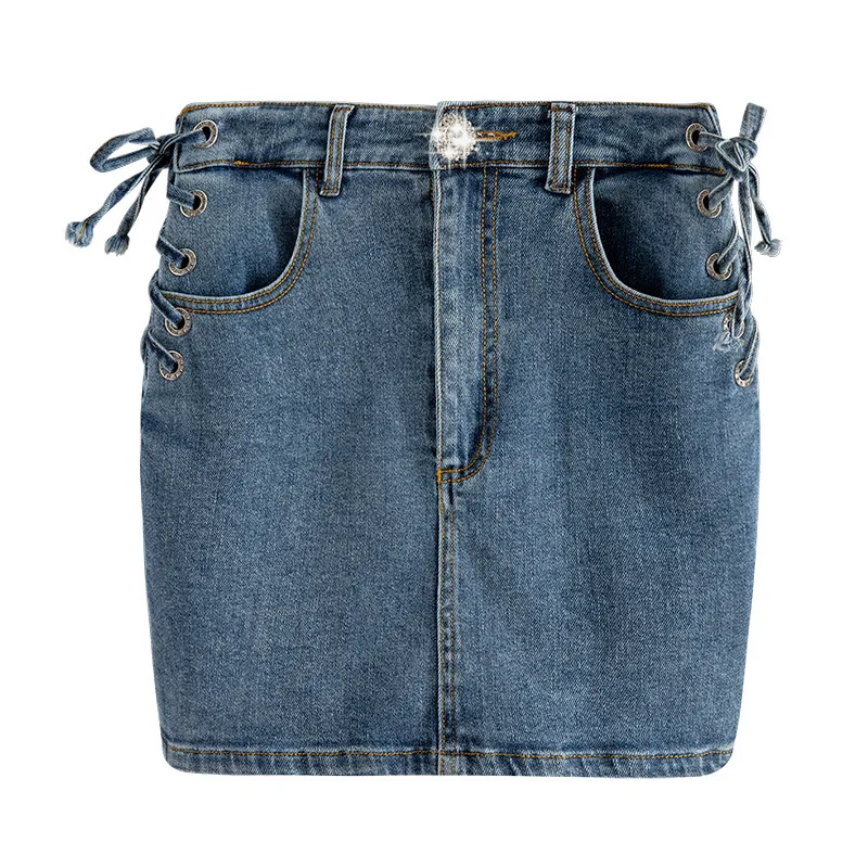 

2020 Sexy Side Cross Strap Skirt Rhinestone Button Slim Fit Hip Denim Skirt Women