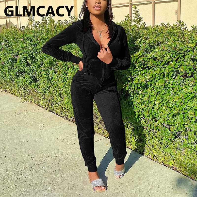 

Женский Повседневный Бархатный спортивный костюм из двух предметов, куртка с капюшоном и облегающие брюки с длинным рукавом