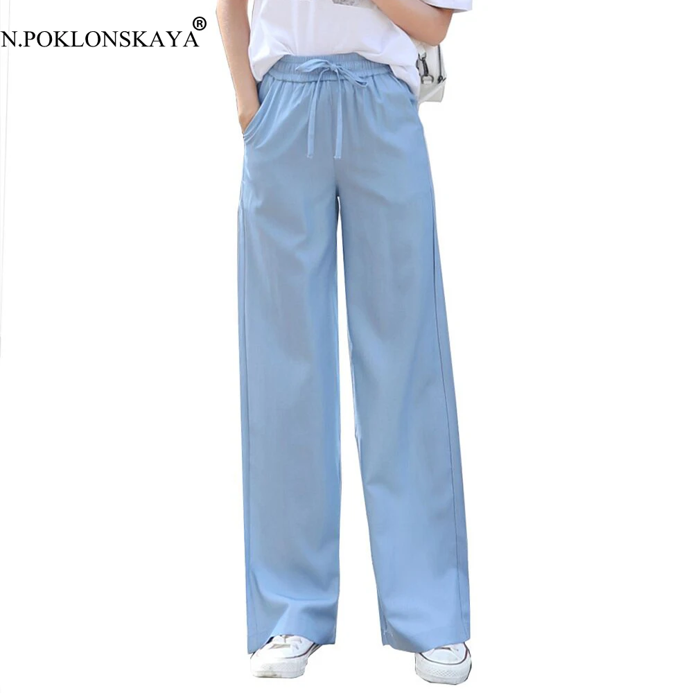 Женские длинные брюки с высокой талией деловые однотонные широкими штанинами