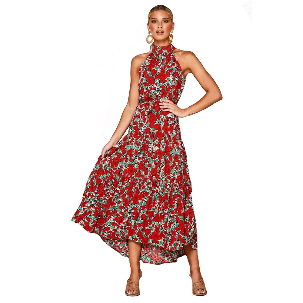 Женское пляжное платье с круглым вырезом длинное винтажное макси цветочным