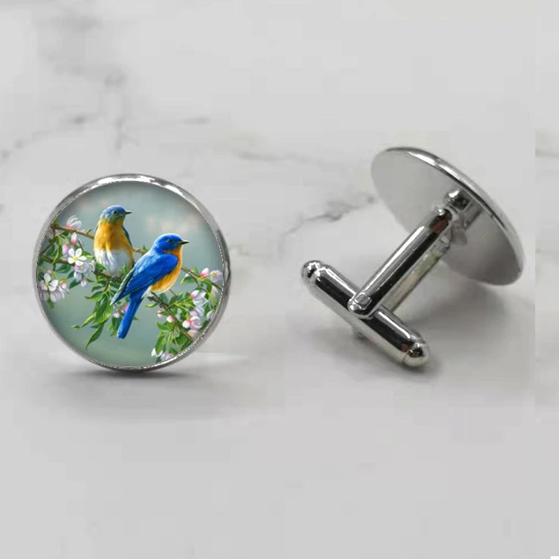 Модные мужские Запонки ручной работы с голубым Колибри из стекла для рубашки |