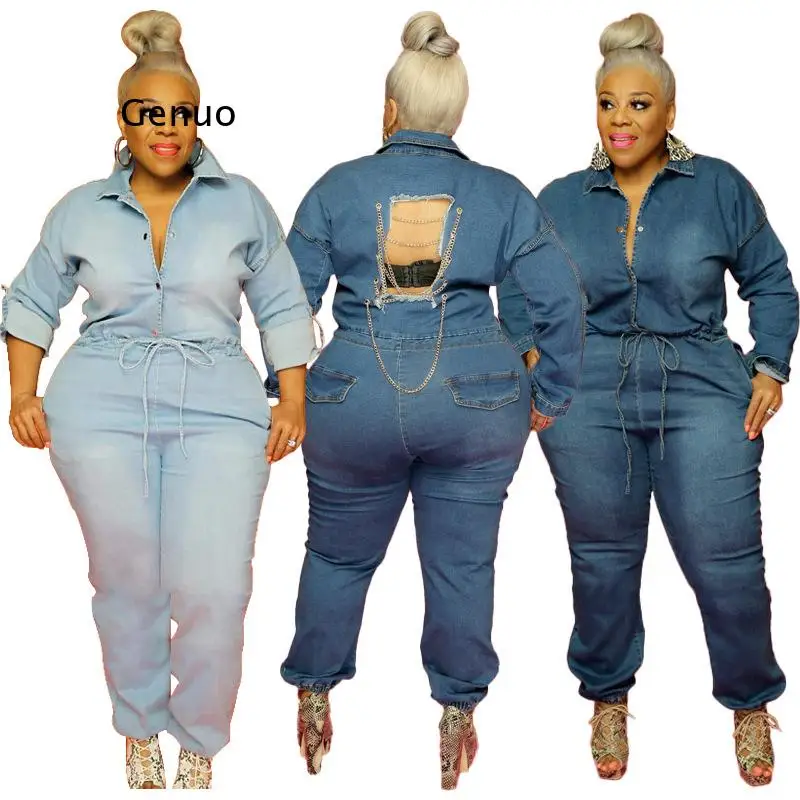 

Женский джинсовый комбинезон, однотонный комбинезон на пуговицах, с длинным рукавом, цепочкой и открытой спиной, Прямая поставка
