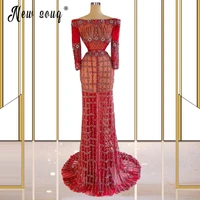 scoop sparkling beaded mermaid evening dress 2021 long sleeve see through red prom gonws women celebrity dresses plus size