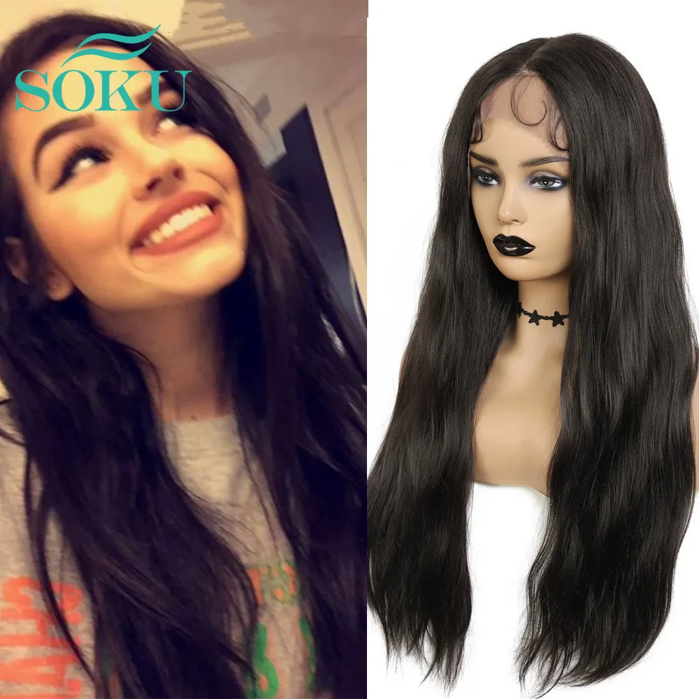 

Natural Wave Synthetic Lace Front Wig With Baby Hair Dark Brown SOKU Middle Part Hairstyle Heat Resistant Fiber For Black Women