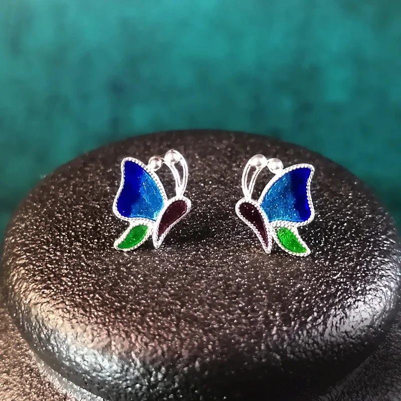 Женские серьги из серебра 999 пробы с синей бабочкой |