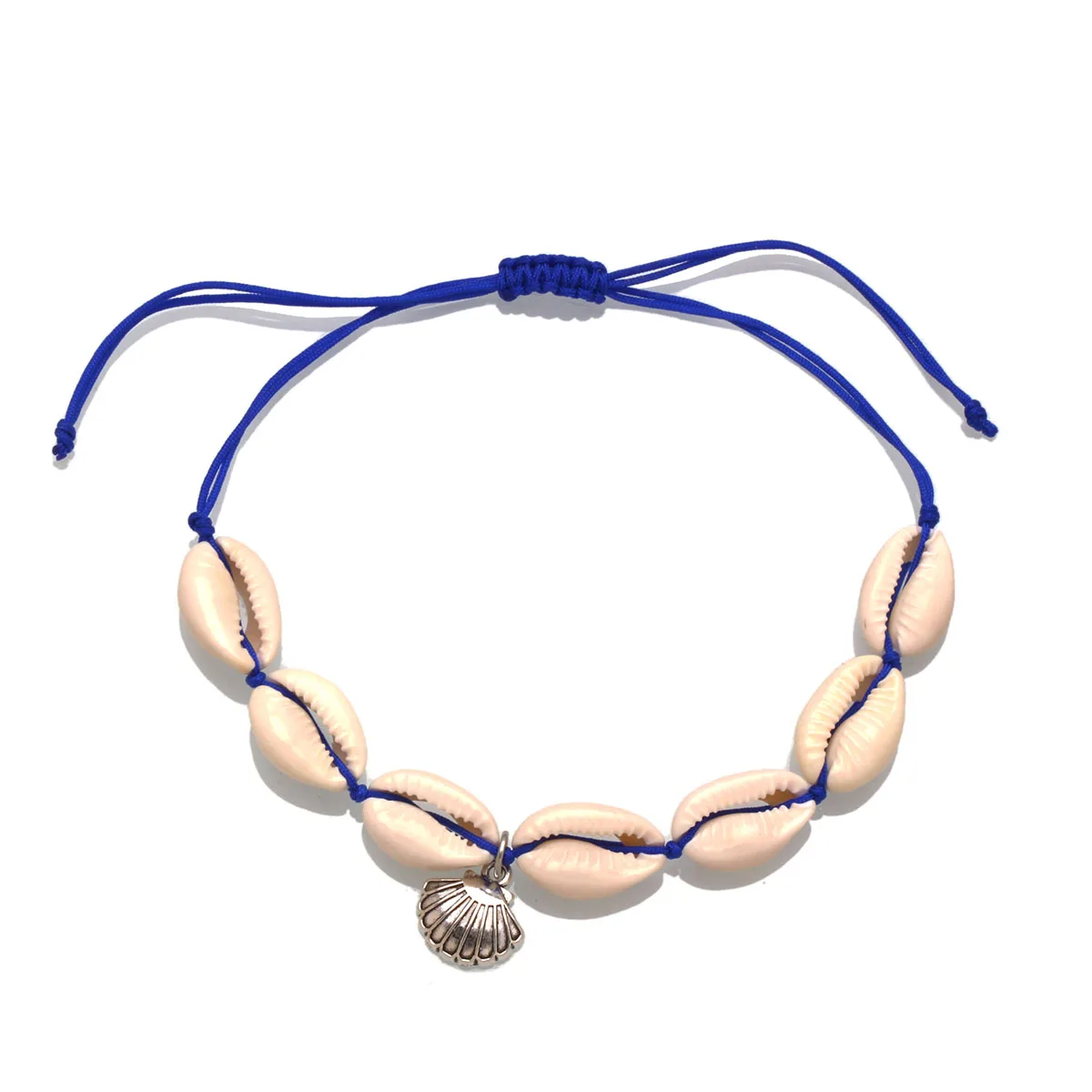 Семь большой белый Cowire раковины синий шнур макраме регулируемый браслет для женщин и девочек 2021 новые модные плетеные летние украшения для отдыха