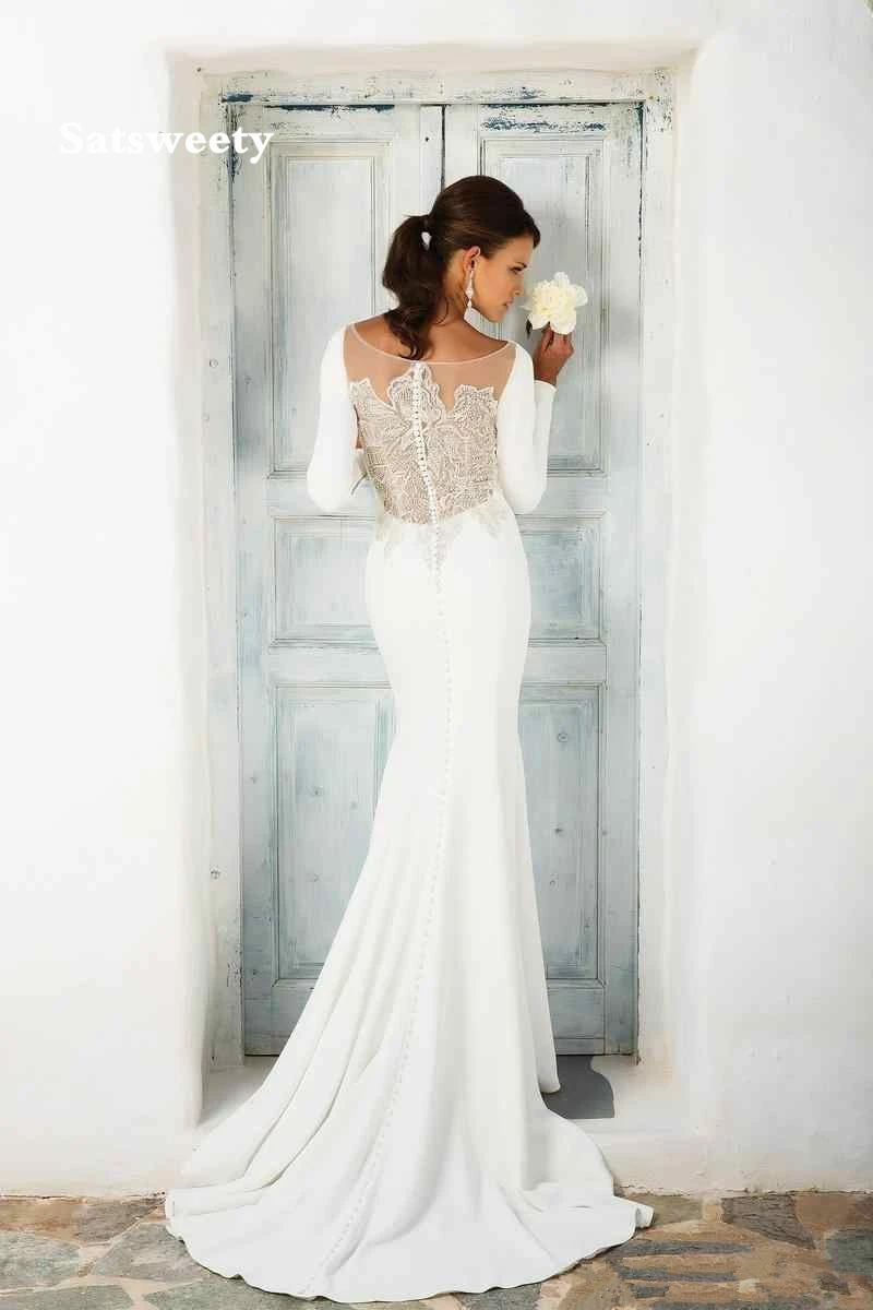 

Elegant White Stain Mermaid Wedding Dresses Long Sleeves Bridal Gown Vestido De Noiva Sweep/ Brush Train Wedding Gown