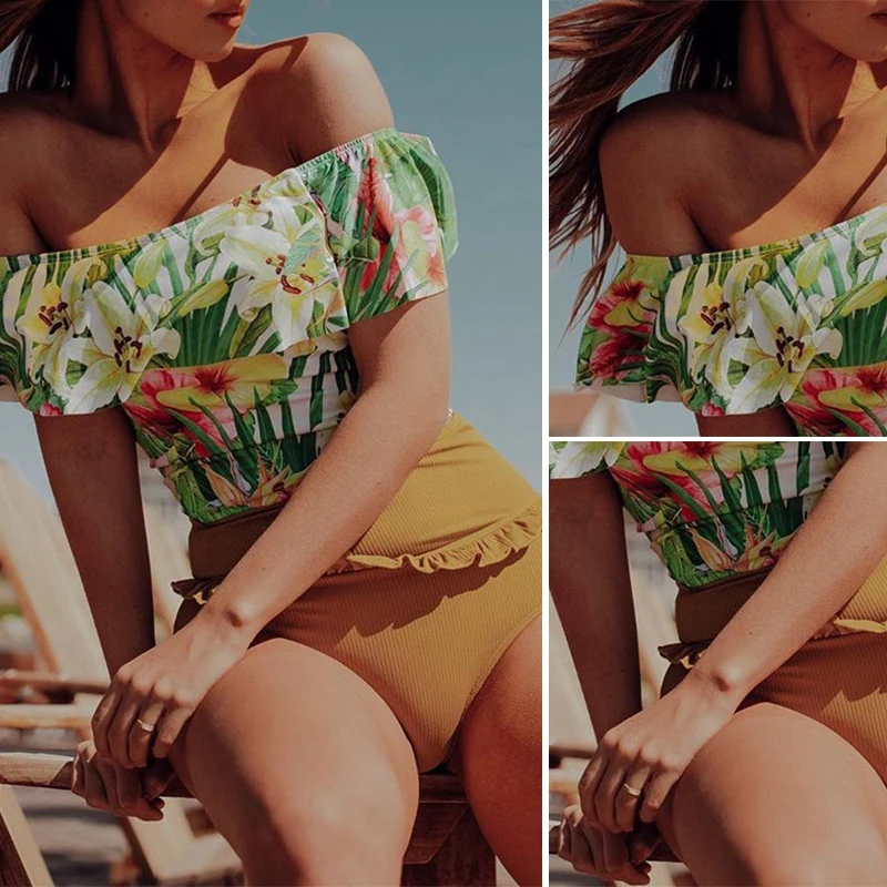 

Женский купальник на одно плечо с оборками и высокой талией