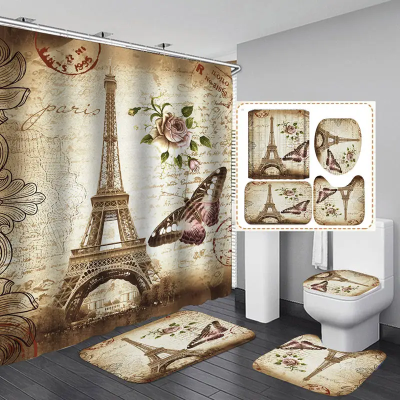 

Vintage Paris Tower Butterfly Flannel Bath Mat Toilet Cover Rugs Fabric Shower Curtain With 12 Hooks Home Bathroom Decor Set