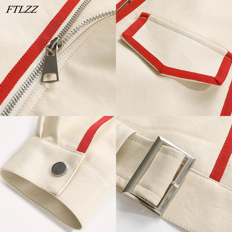 

FTLZZ Spring Women Motorcycle PU Leather Jacket Casual Loose Turn-down Collar Zipper Patchwork Jacket Windproof Jacket with Belt
